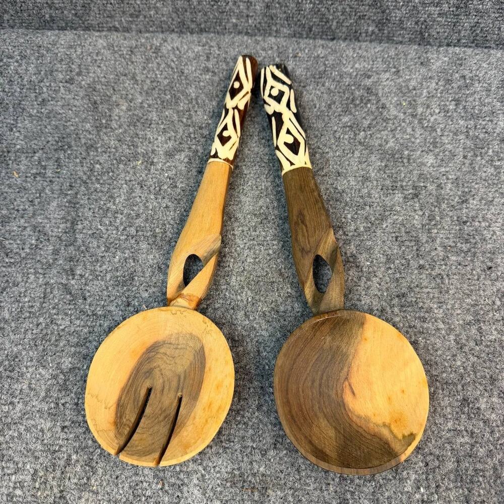African Wooden Salad Servers Set Kenya Hand Carved Heritage Design